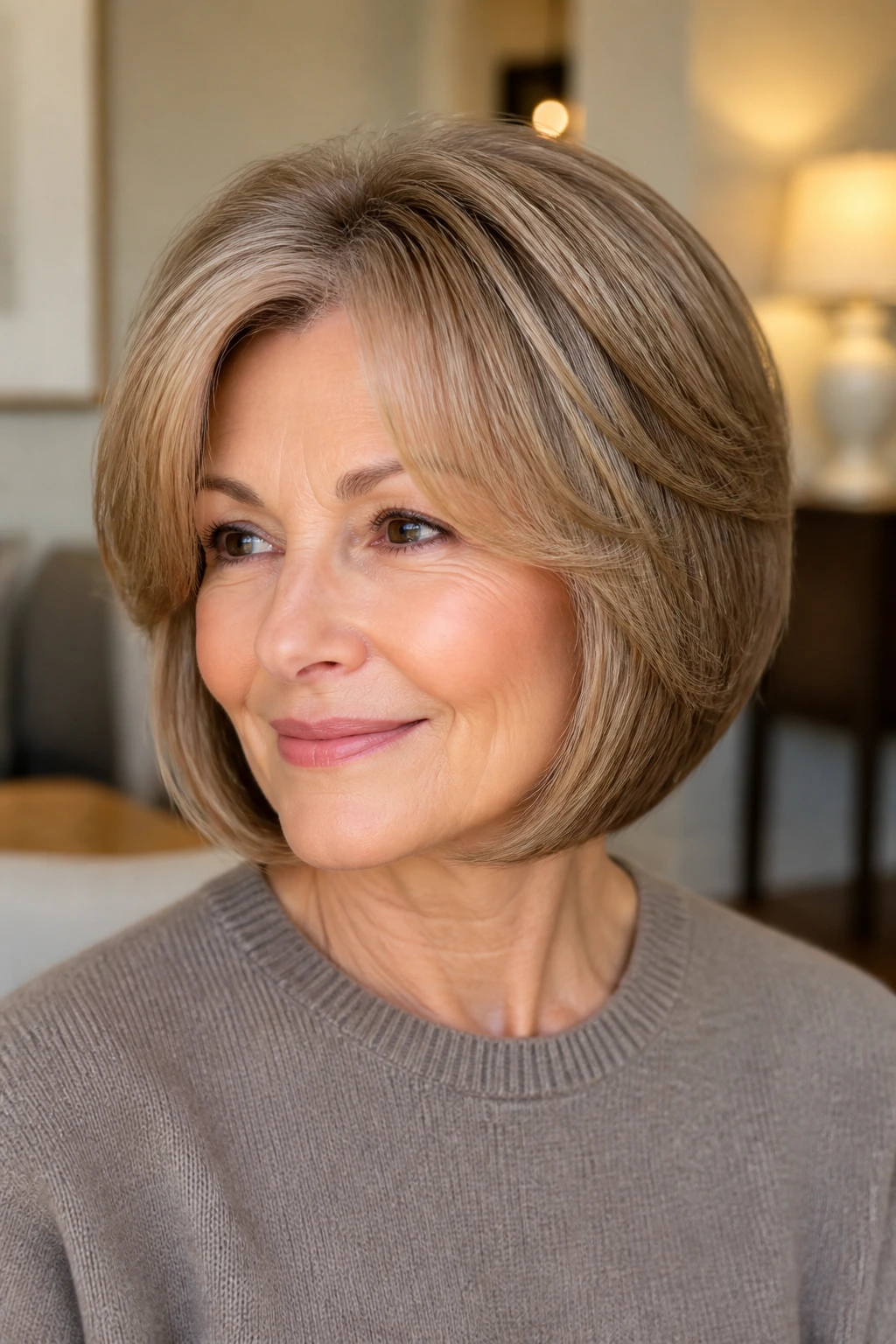 Glossy wedge hairstyle with polished texture on a real person