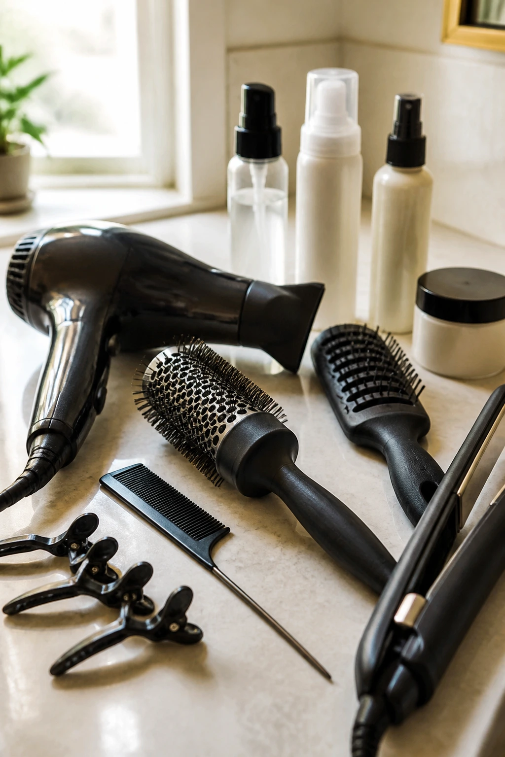 Close-up of essential wedge-hair tools on a bathroom counter