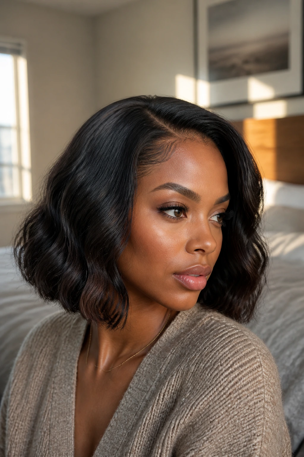 Close-up portrait of a real woman wearing a Heat-Light Weekend Bob with smooth crown and front pieces and soft mid-length waves.