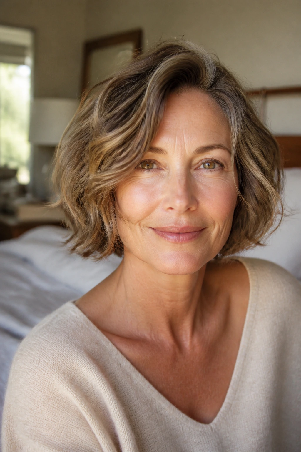 Portrait of a real woman with an easy, minimal-heat weekend bob.