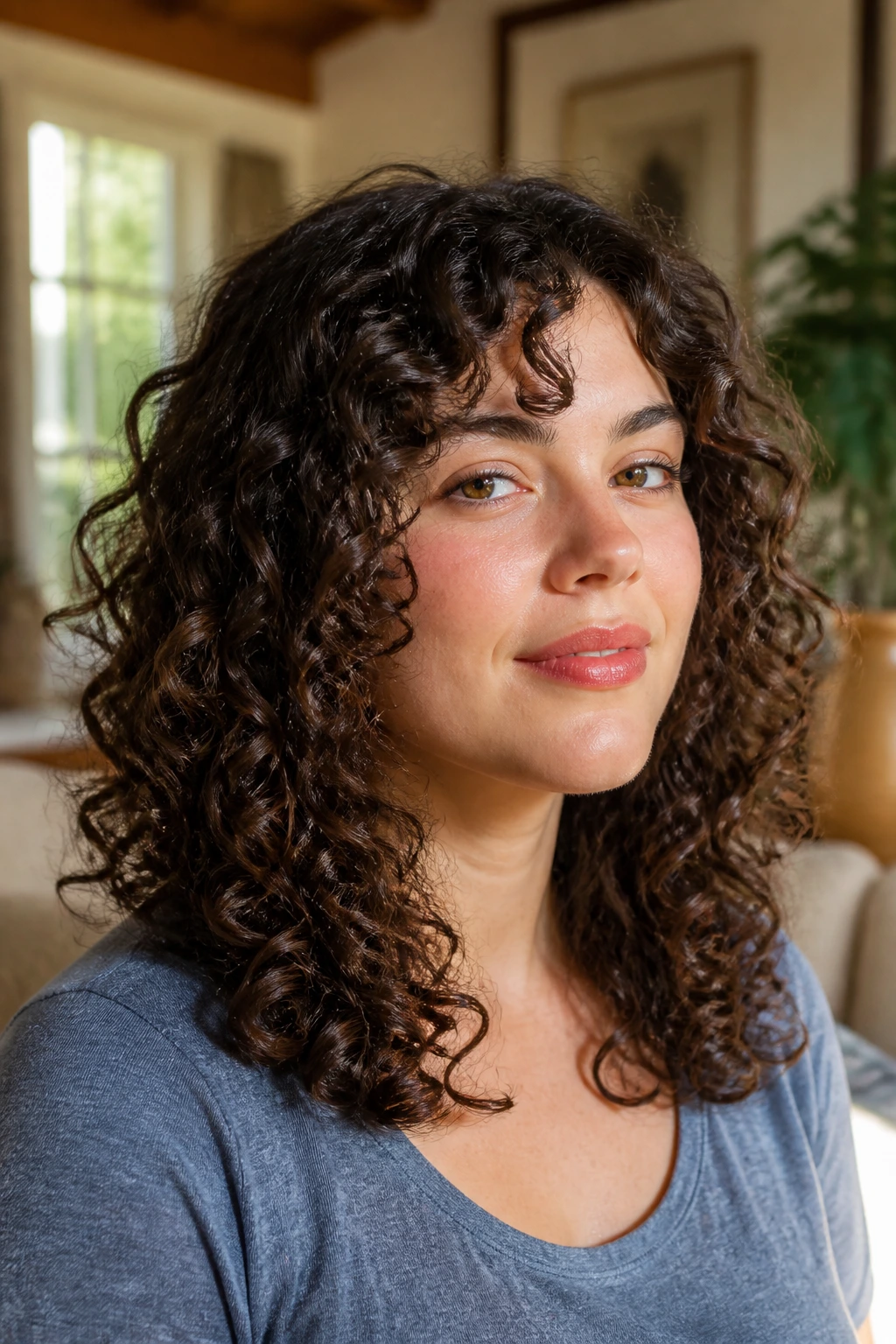 Close-up portrait showing hair styled to illustrate weight line concept for curly hair on a round face