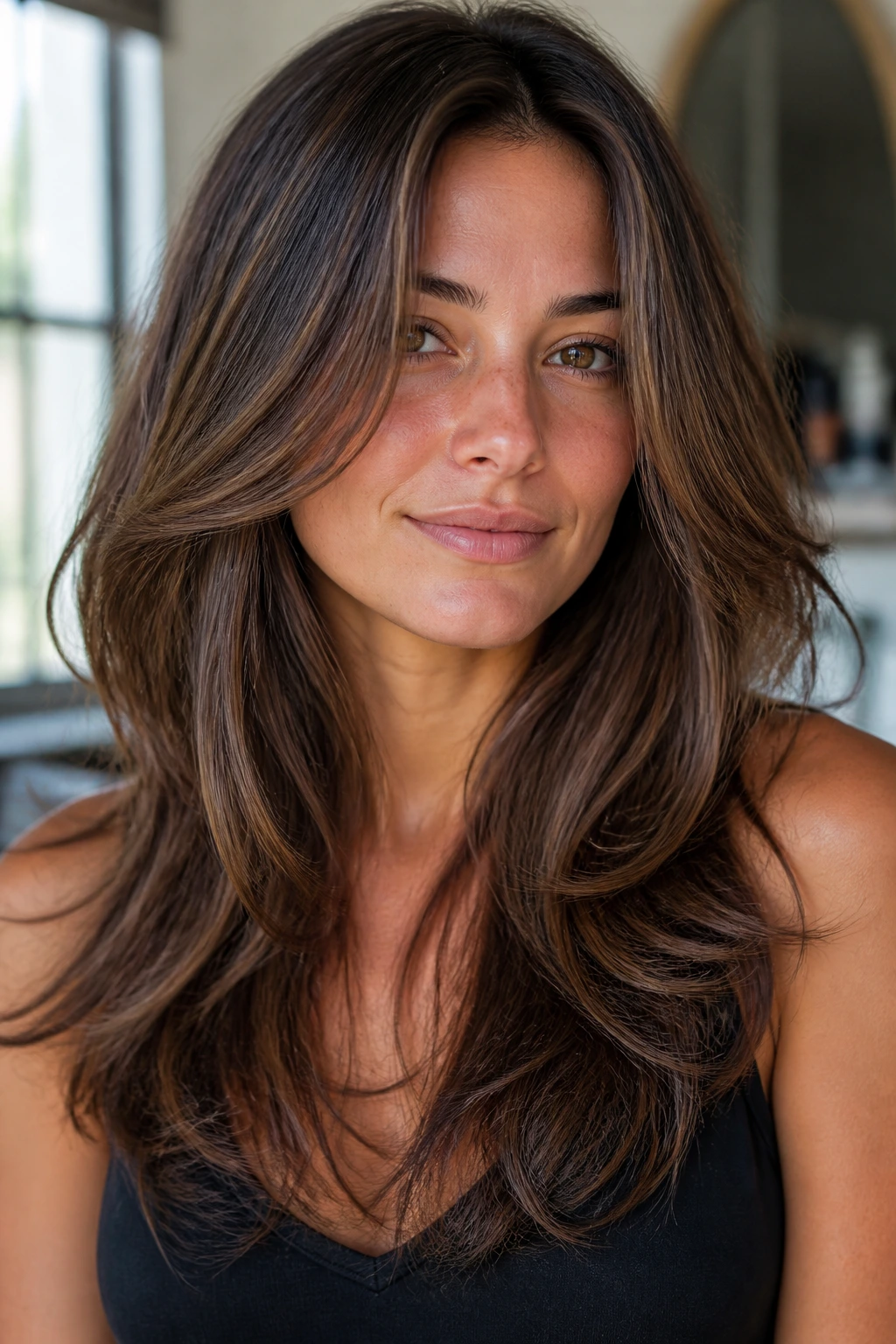 Hair showing weight distribution in long layers with front opening and soft perimeter