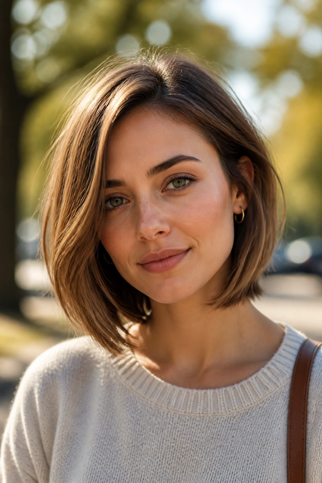 Close-up of a real woman with a weighted layered lob around jawline in outdoor daylight