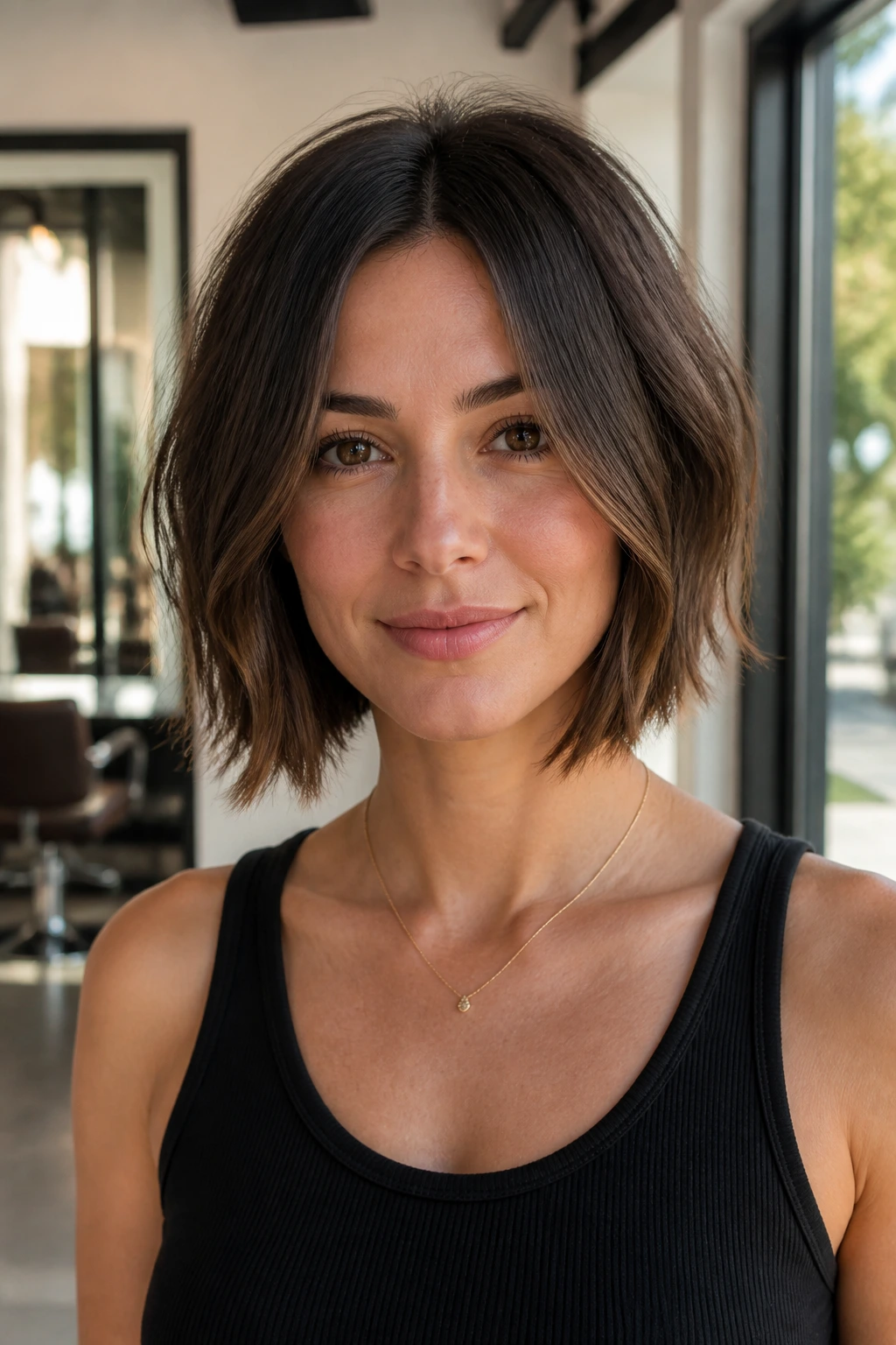 Real person with weightless crown lob in salon light