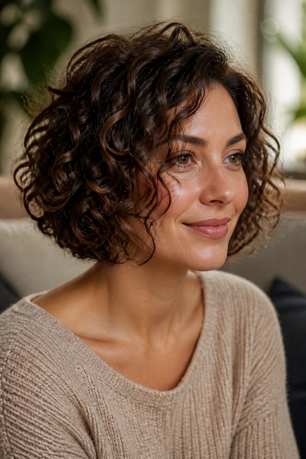 Close-up portrait of a real woman with a weightless curly lob on a round face