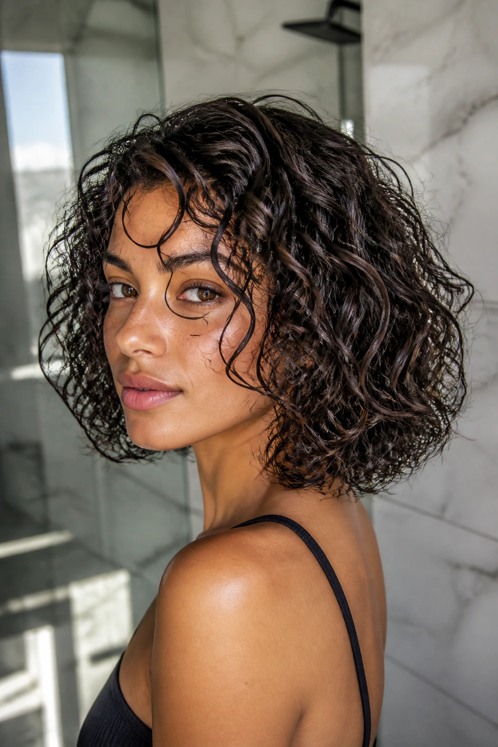 Real woman with wet-diffused curly bob and smoky brunette finish in bathroom light