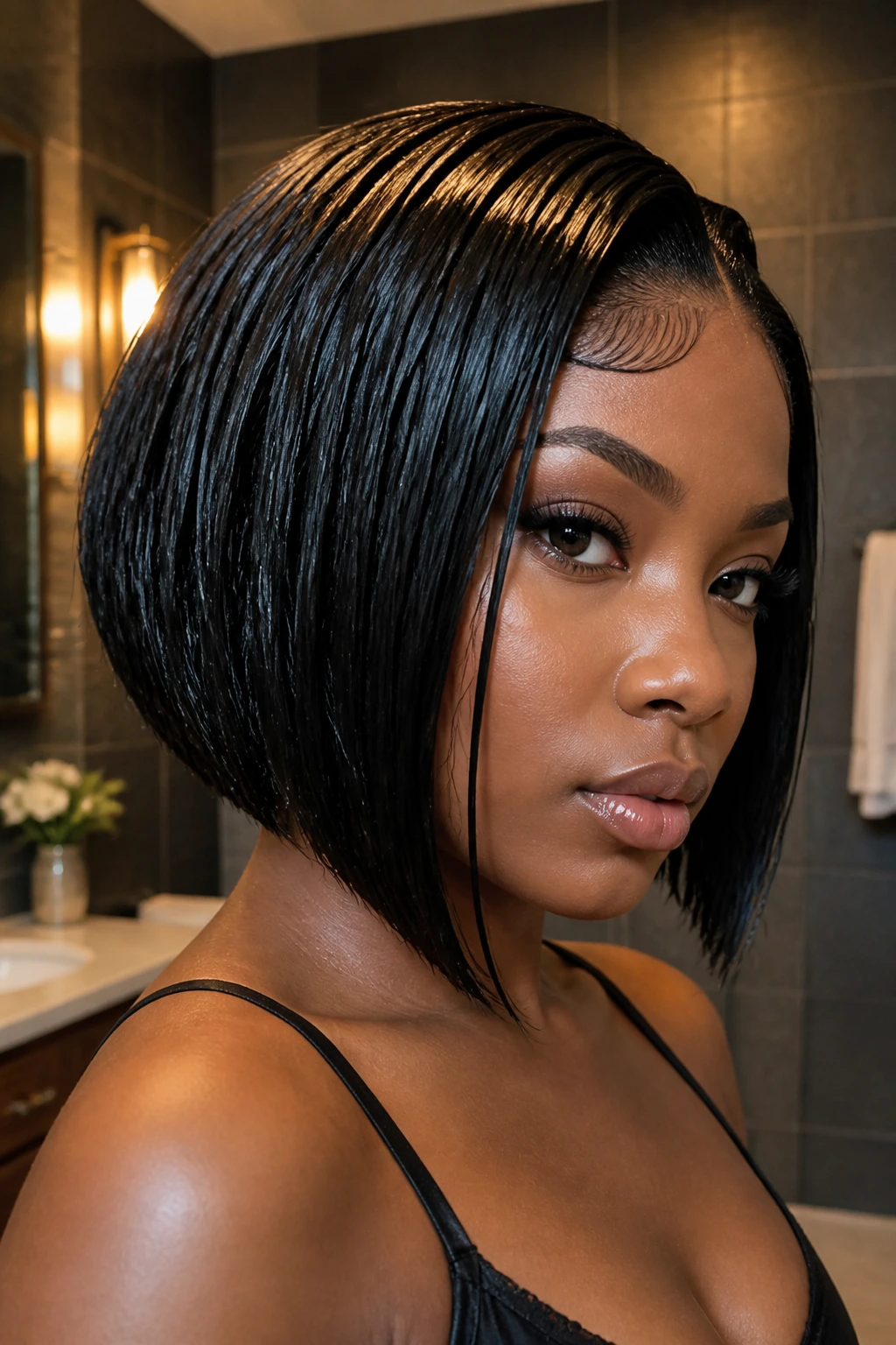 Glossy wet-look angled bob on a real person showing the defined angle
