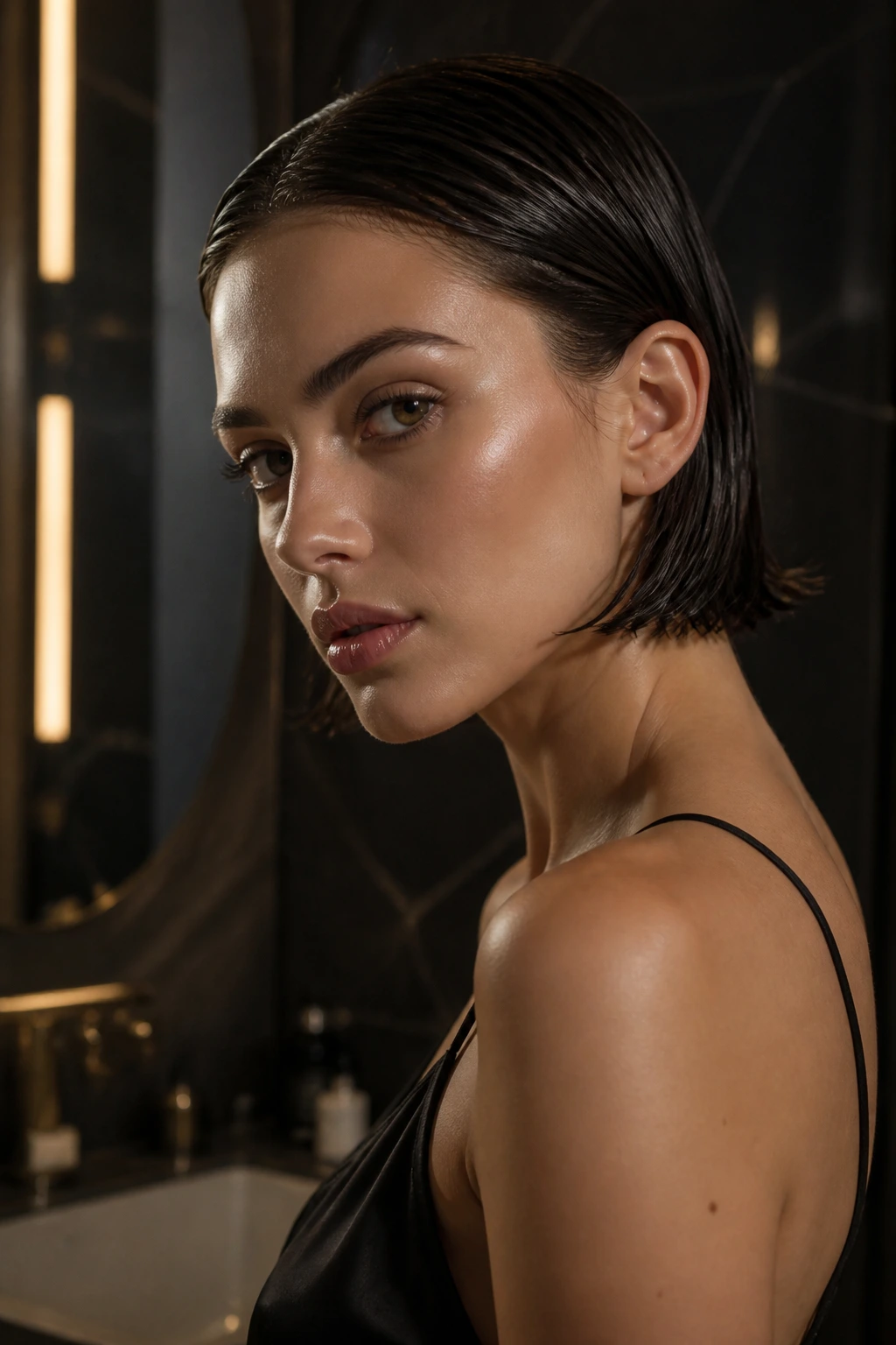 Real woman with a glossy wet-look bob suitable for night out styling