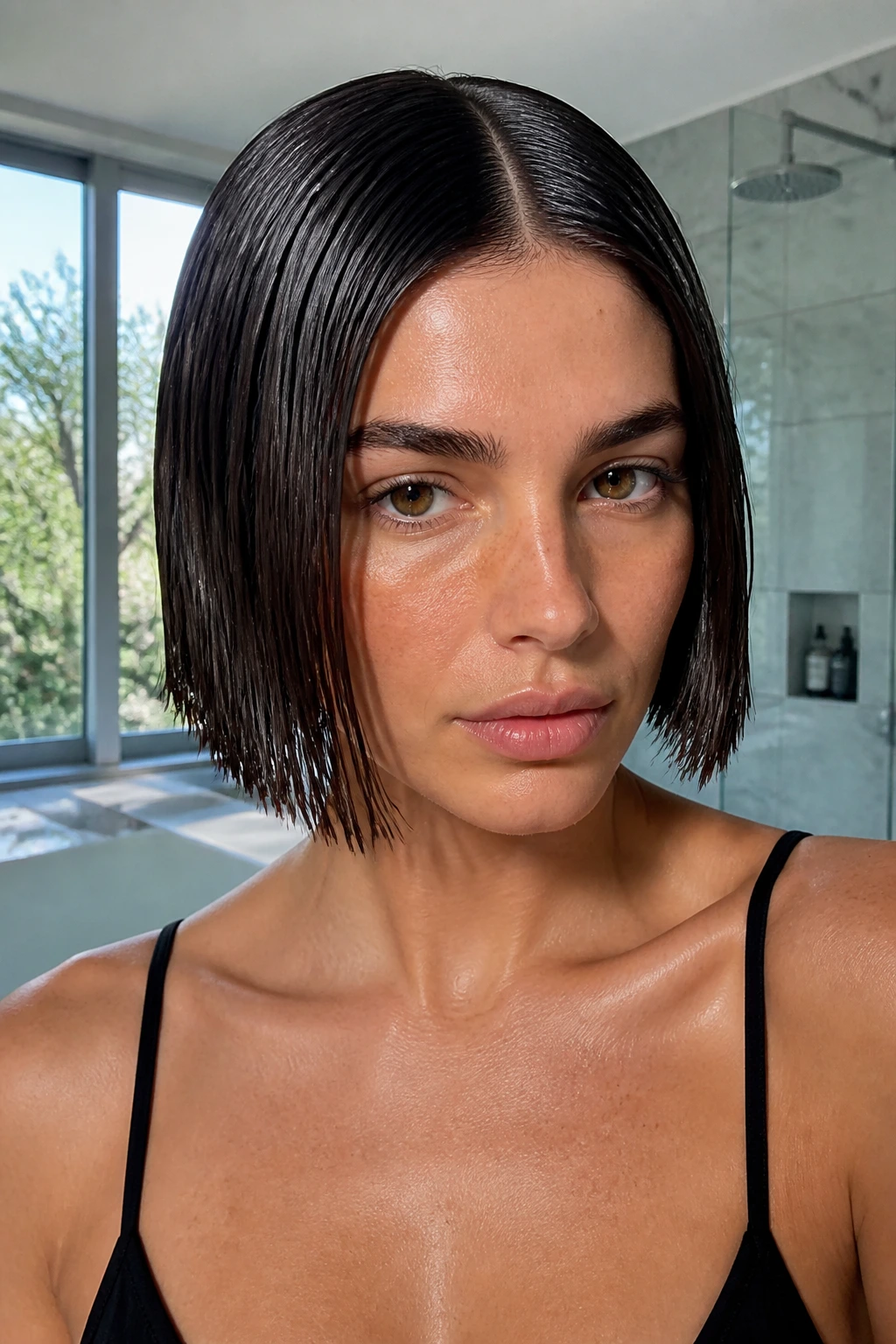 Real woman with center-part wet-look bob in a bright bathroom