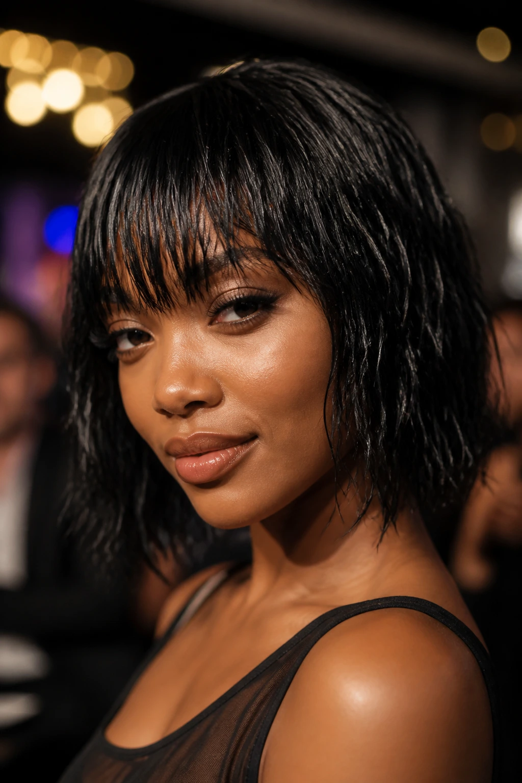 Real woman with glossy wet-look bob and choppy fringe