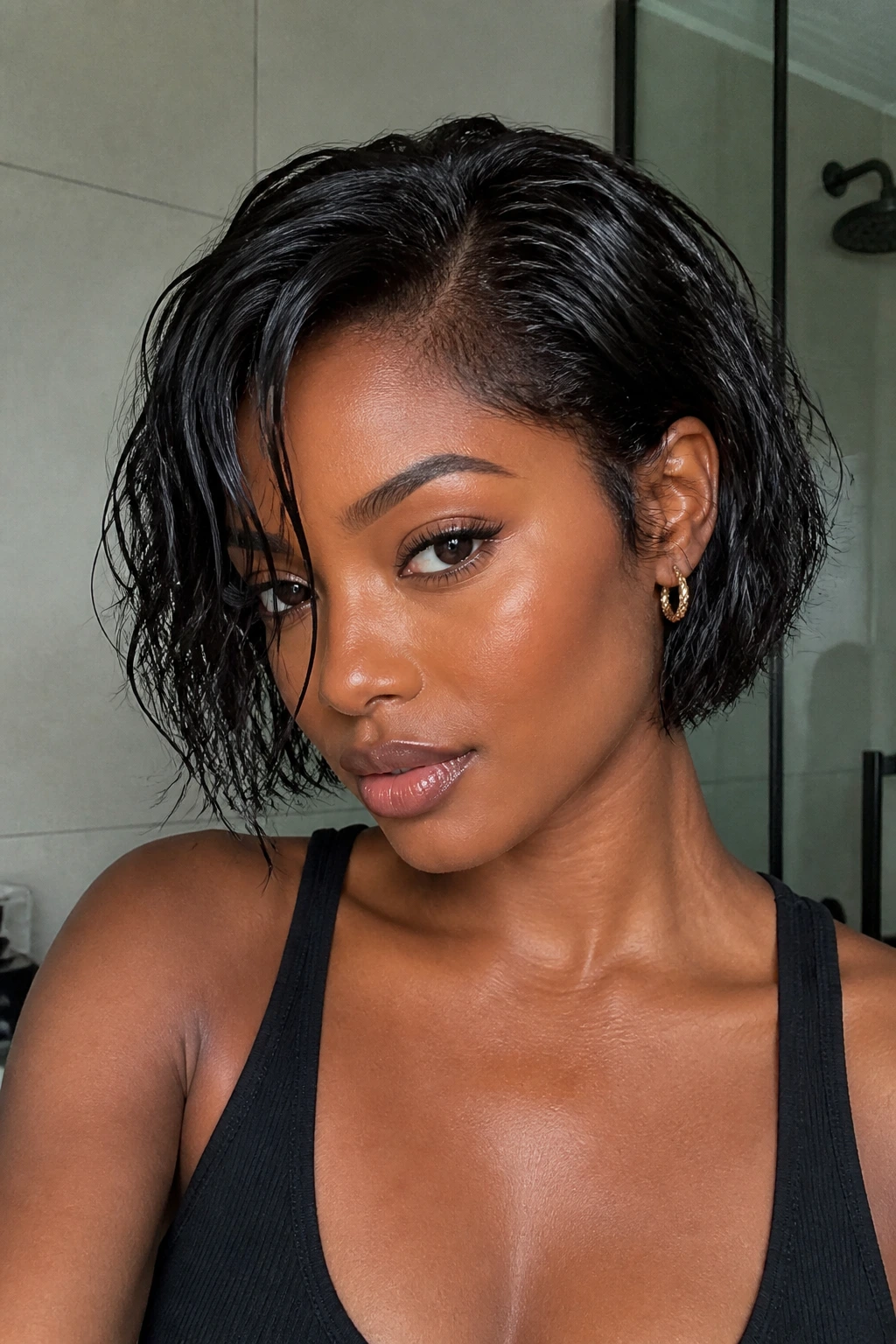 Close-up of a real woman with a glossy wet-look bob.