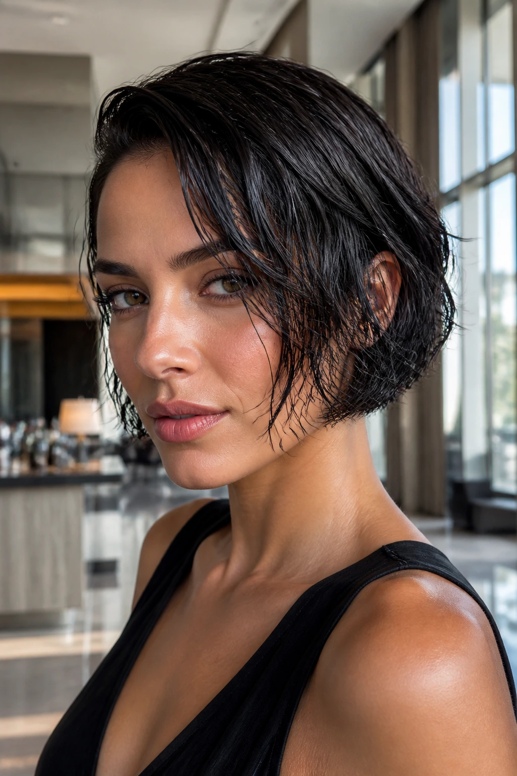 Close-up of a real woman with glossy wet-look chin-length bob and side-swept fringe in natural light