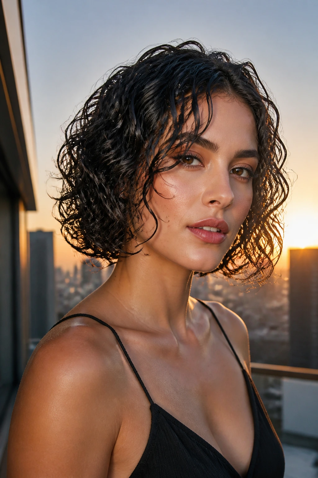 Close-up of a real woman with a glossy wet-look gel bob on a rooftop at sunset