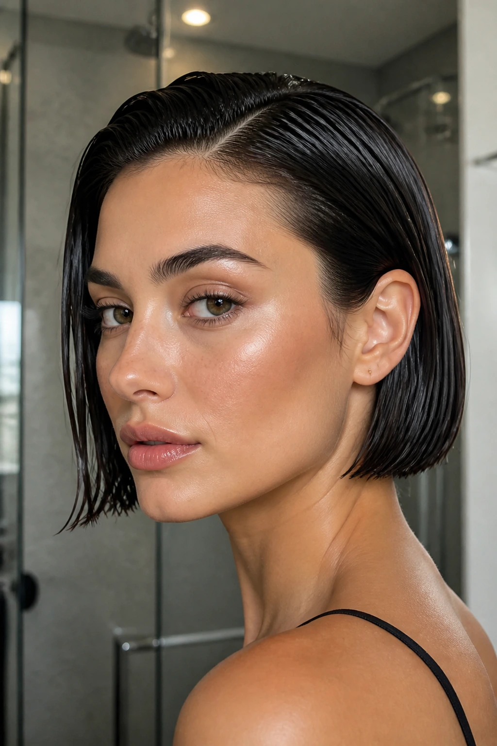 Portrait of a person with a sleek, glossy wet-look bob and precise part.