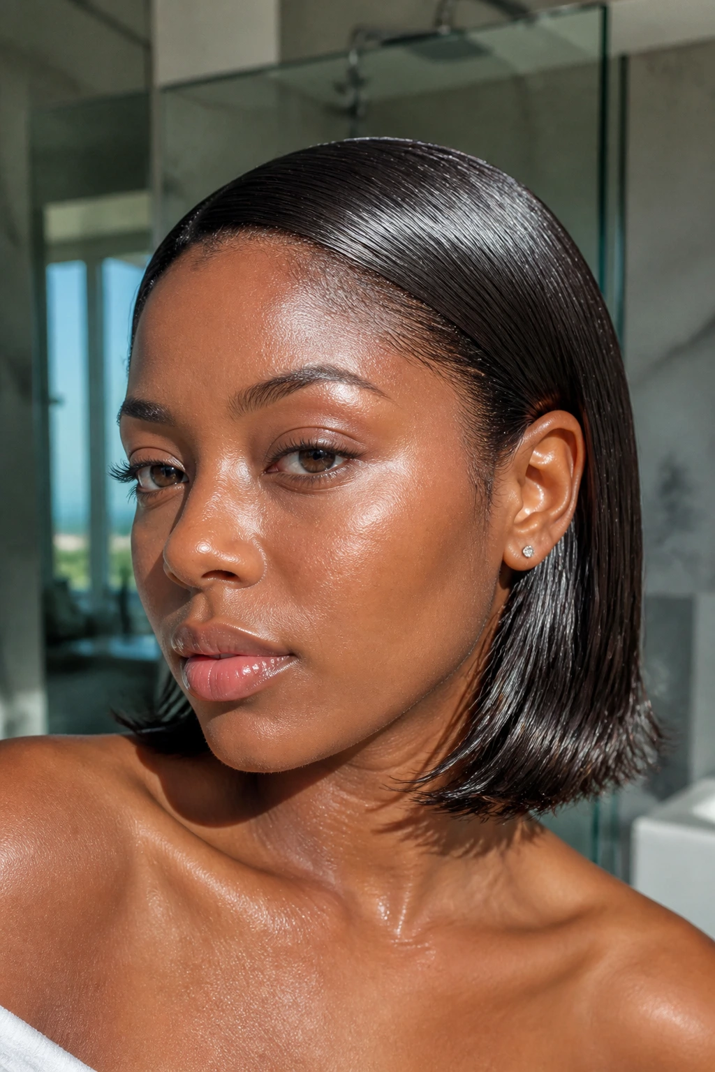 Real woman with wet-look sleek bob in a modern bathroom