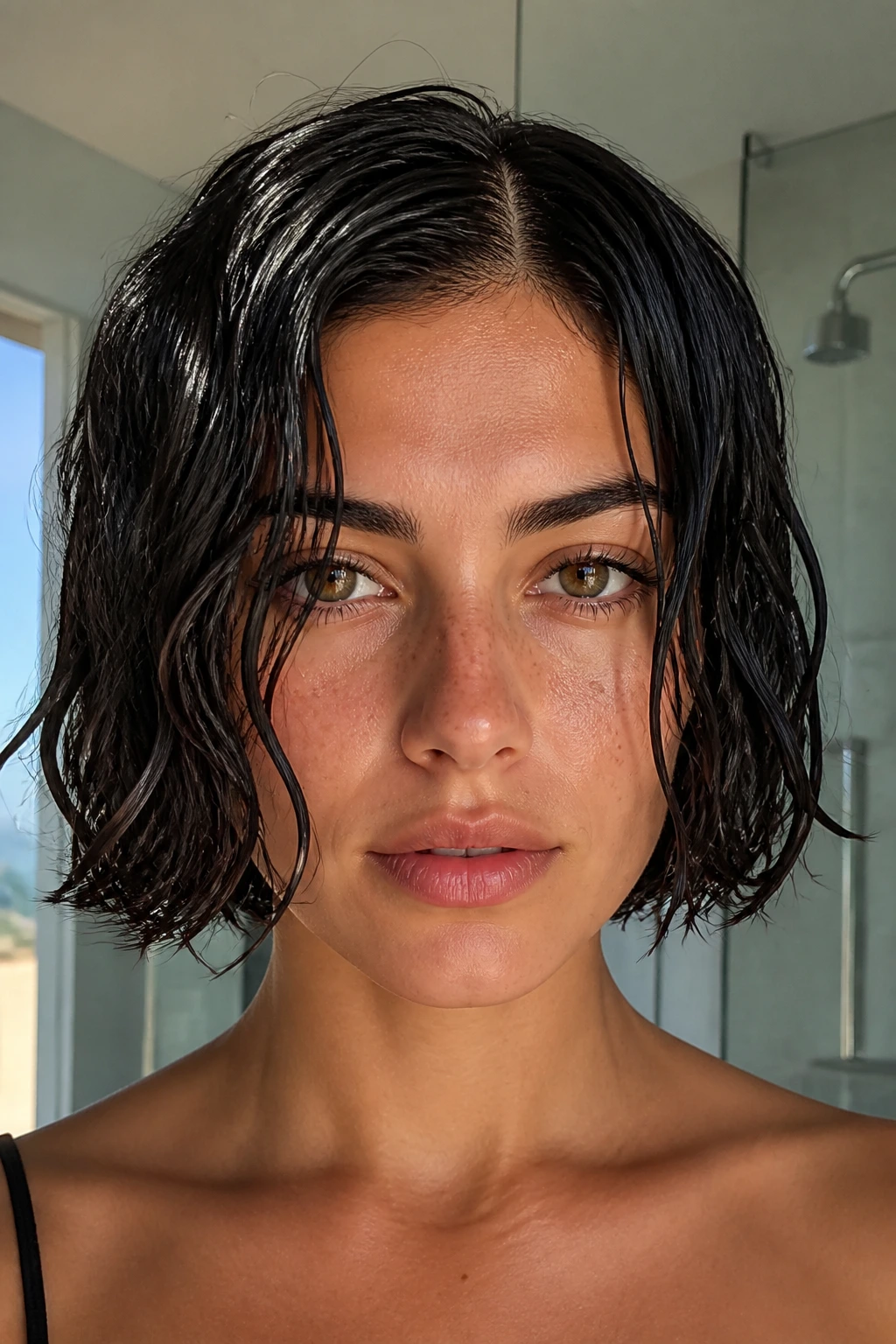 Real woman with a sleek wet-look bob in bright natural light.
