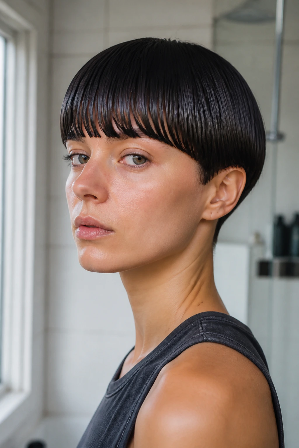 Close-up of a real person with a wet-look blunt bowl cut