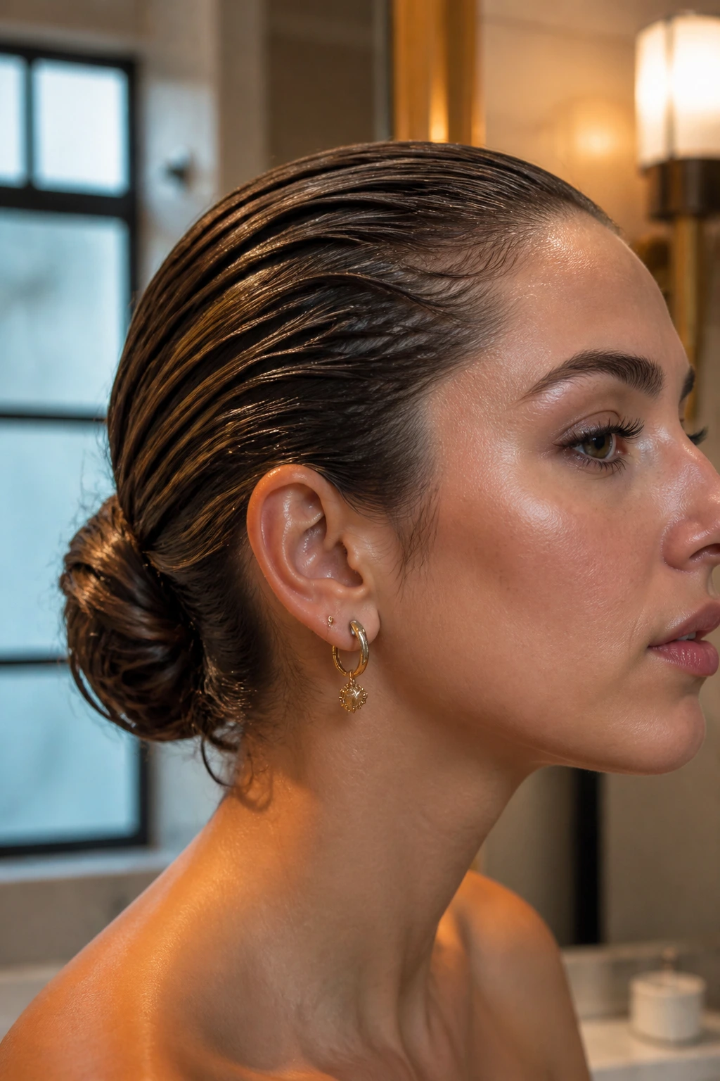 Close-up of a real woman's glossy wet-look bun with damp hair in a warm bathroom