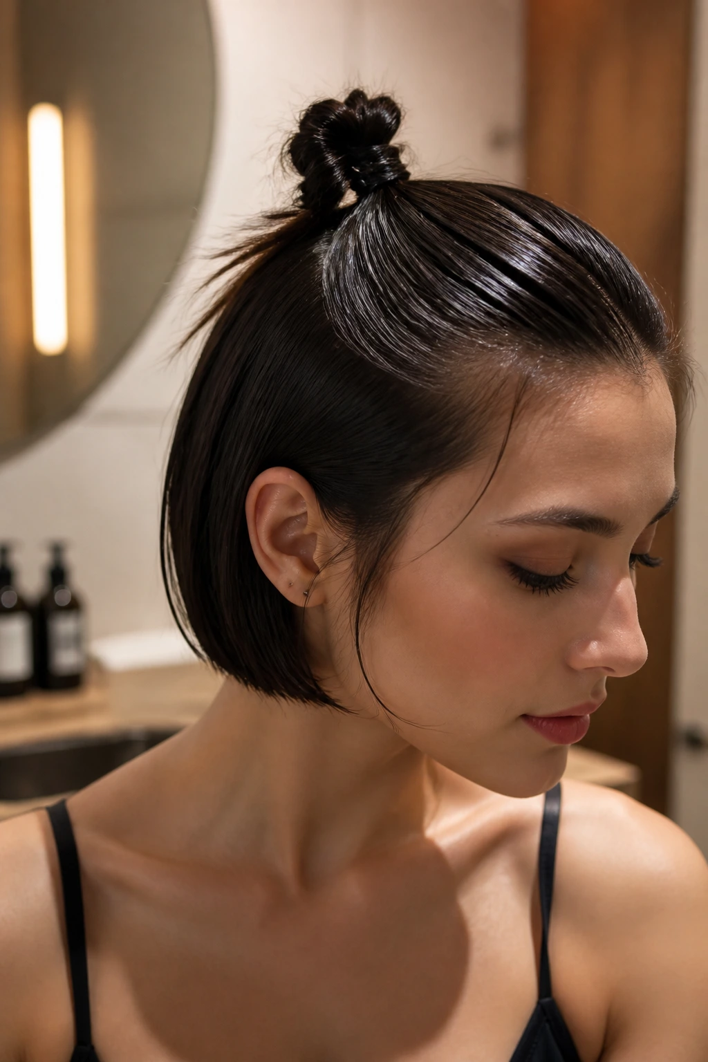 Close-up of a real woman with a small wet-look knot on short hair, showcasing a smooth front and textured bun