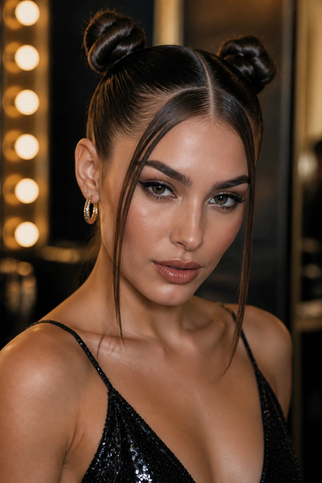 Close-up of a real woman with wet-look double buns and razor-defined parts