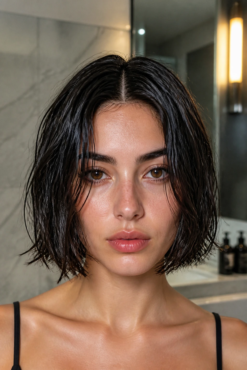 Close-up of a real woman with a damp center bob in a modern bathroom