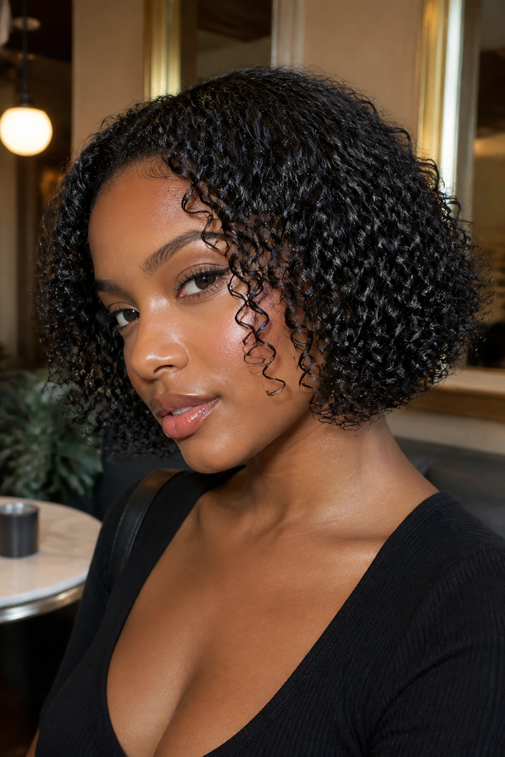 Close-up of a real Black woman's wet-look defined coil bob with glossy curls.