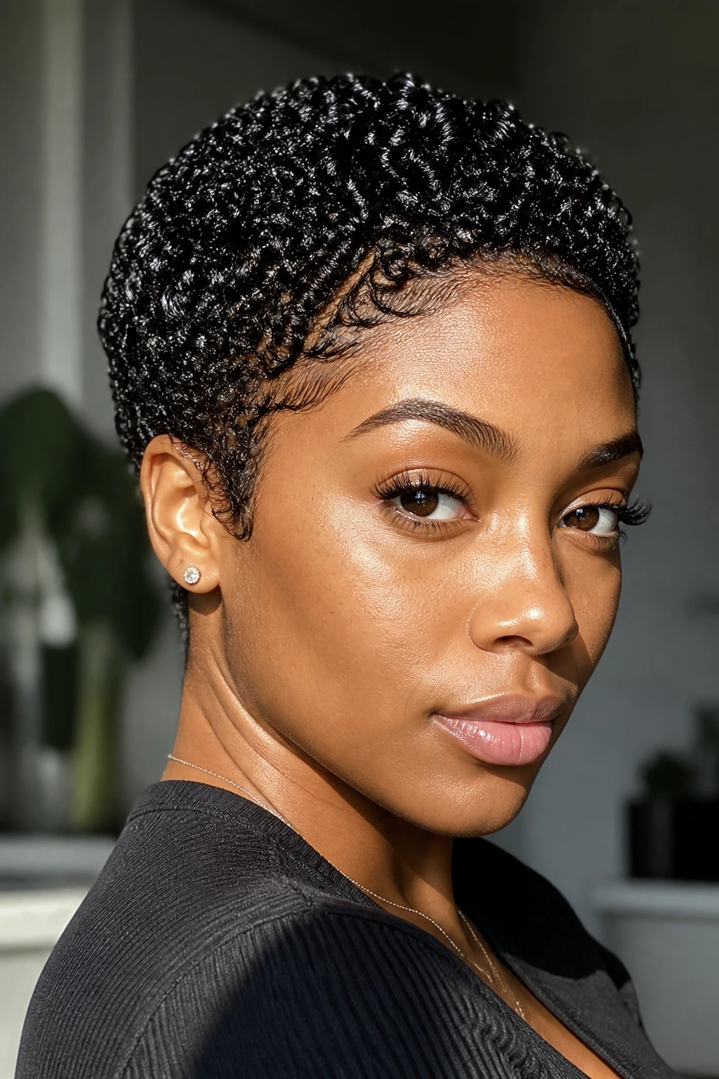 Real person with a wet-look coil crop featuring glossy tight curls.