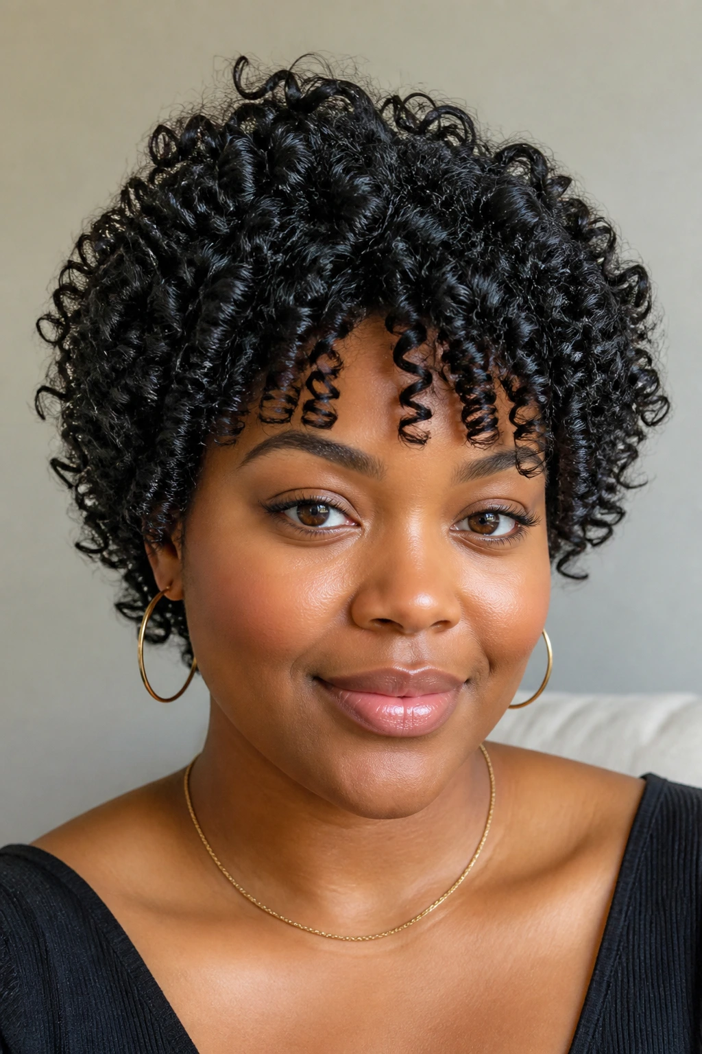 Real person with glossy wet-look coils framing the face