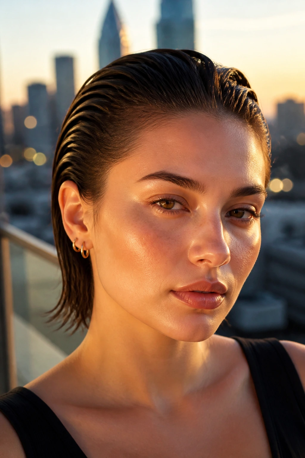 Real woman with a glossy wet-look comb-back hairstyle.