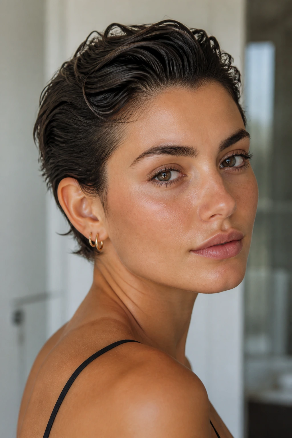 Portrait of a real person with a swept-back wet-look short hairstyle
