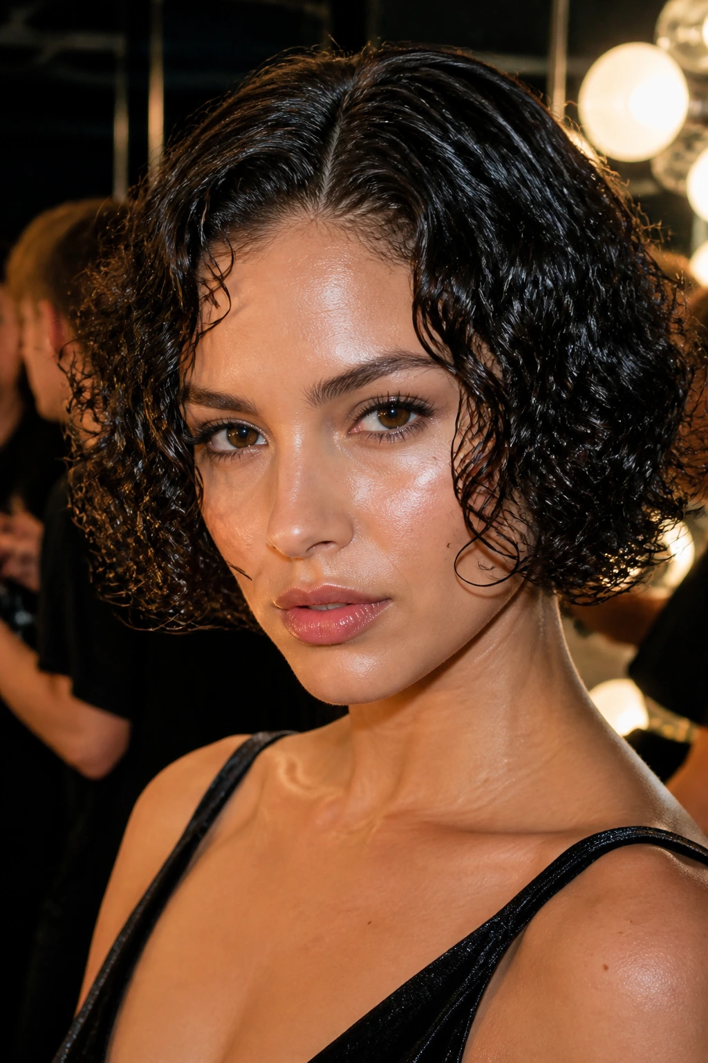 Close-up of a real woman with Wet-Look Curled Bob Glossy finish