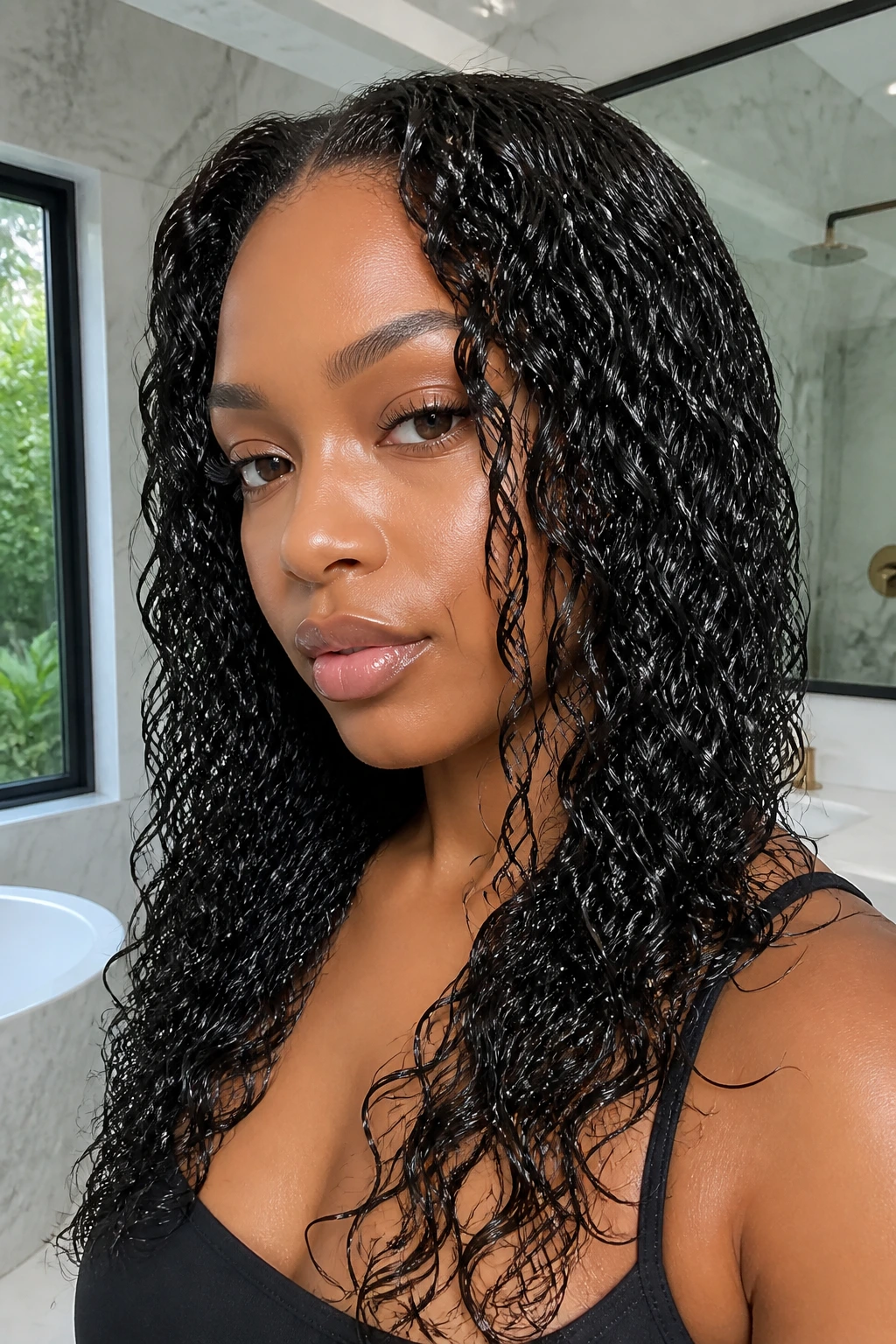 Real woman with glossy wet-look curls in bright bathroom