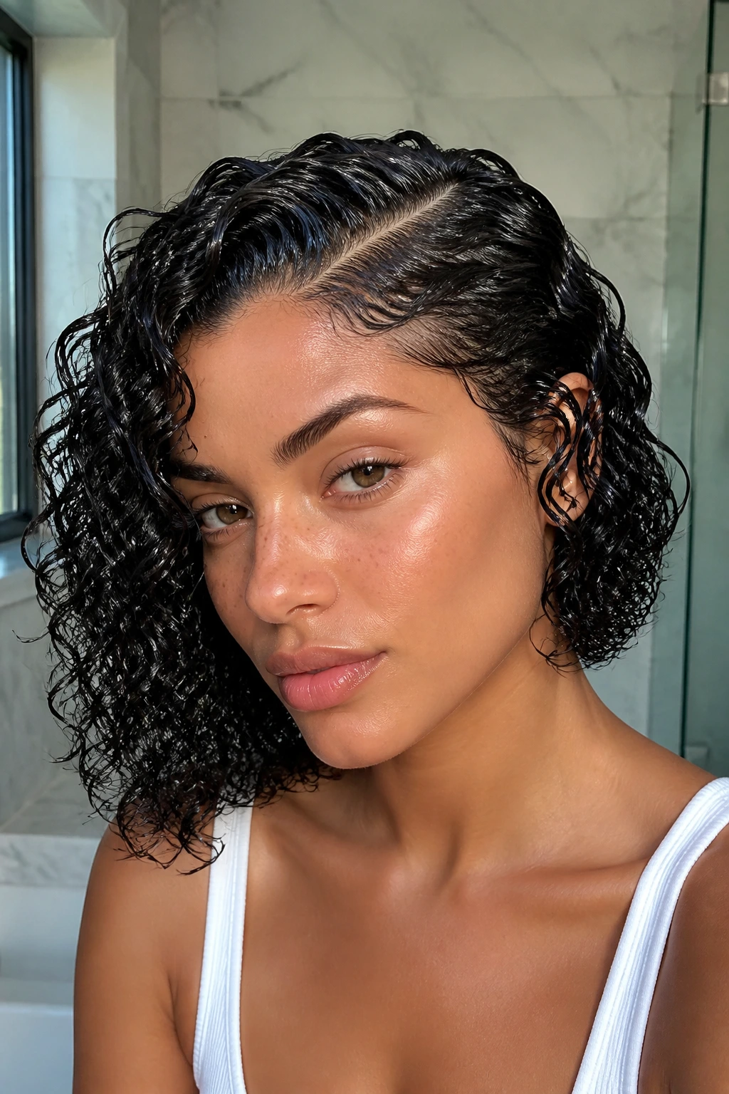 Real woman portrait with deep-part wet-look curls and glossy definition