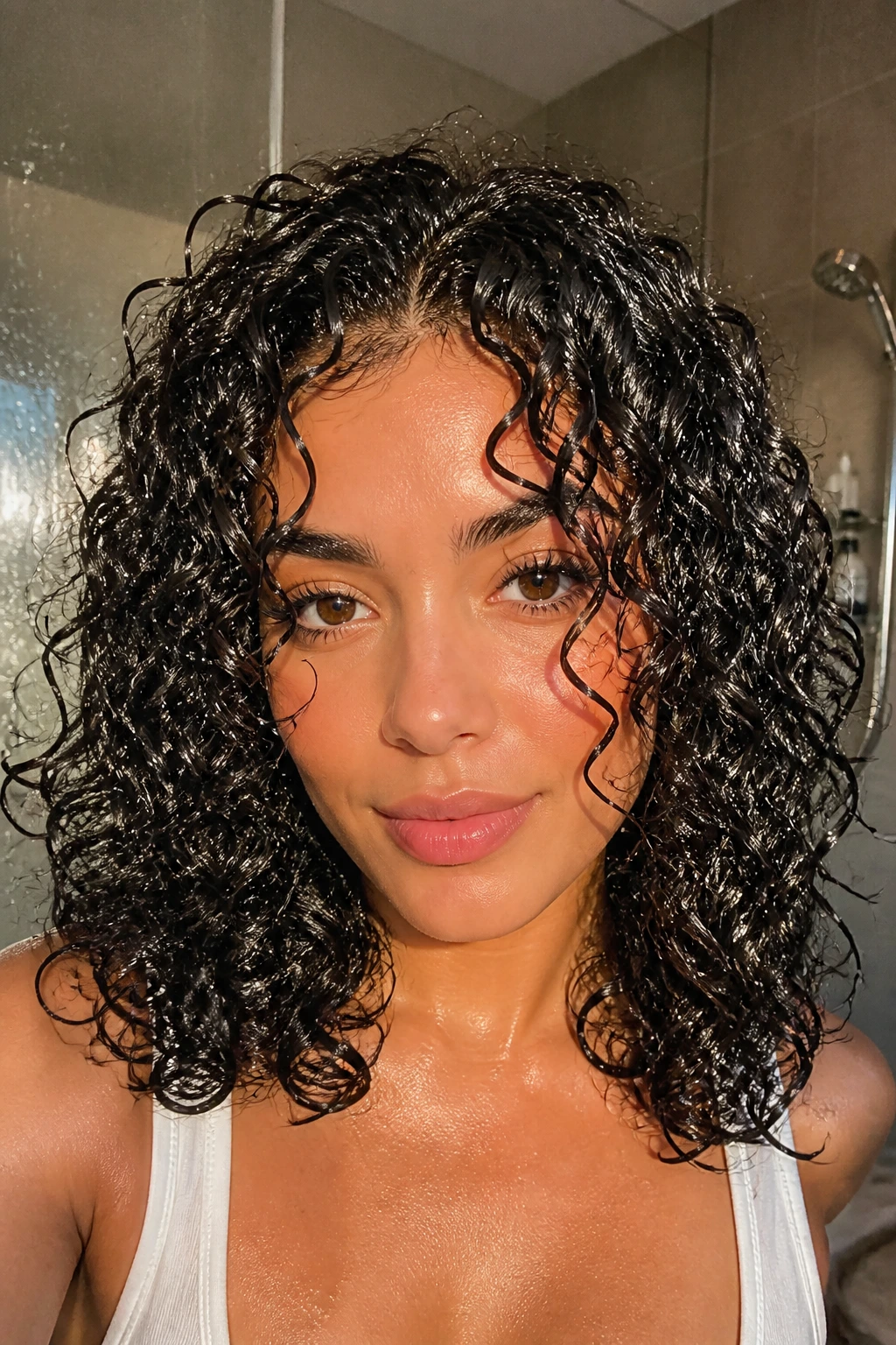 Close-up of a real woman with glossy wet-look curls in a steamy bathroom.