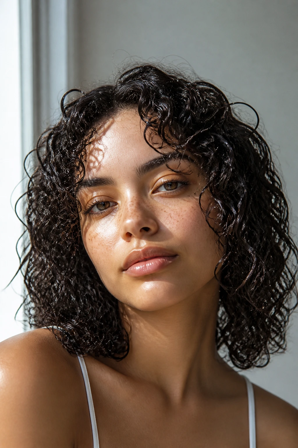 Close-up of a person with wet-look curls and glossy shine