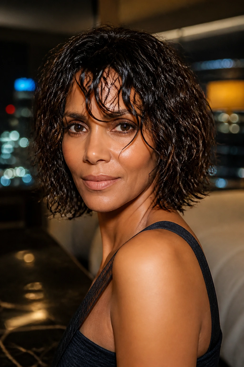 Close-up portrait of a real woman with a wet-look curly lob.
