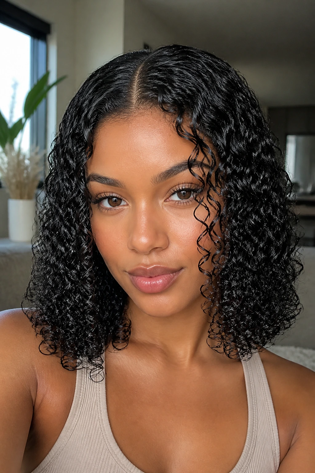 Real woman with Wet Look Defined Curls and a Middle Part in natural light