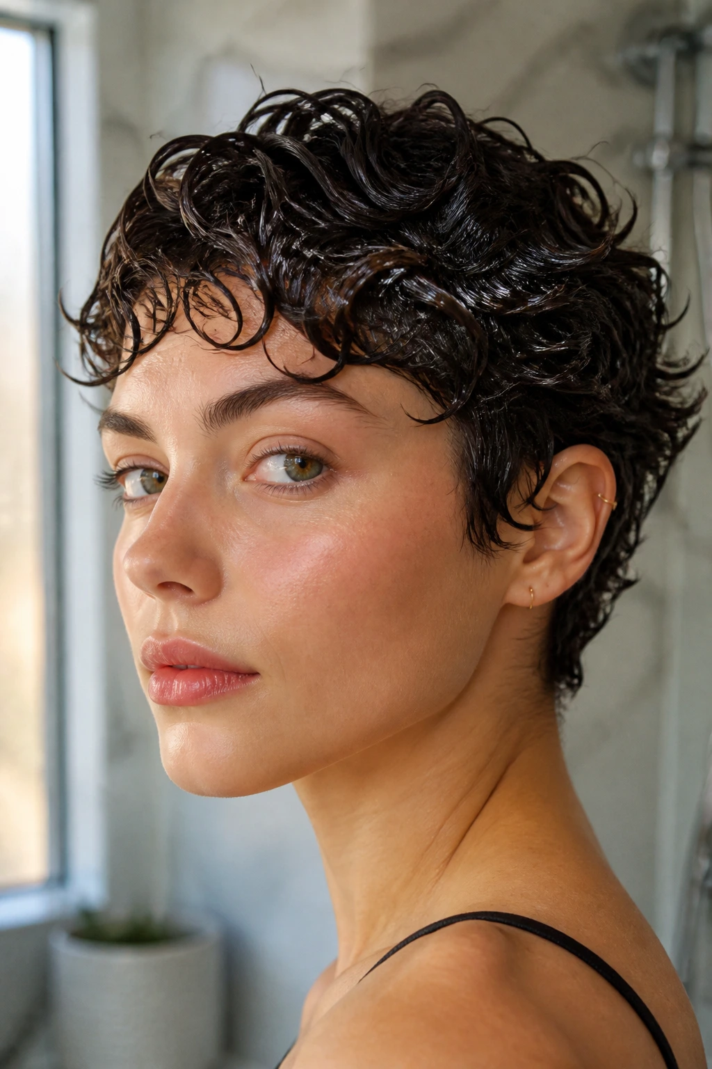 Close-up of glossy wet-look curls on a real person with window light