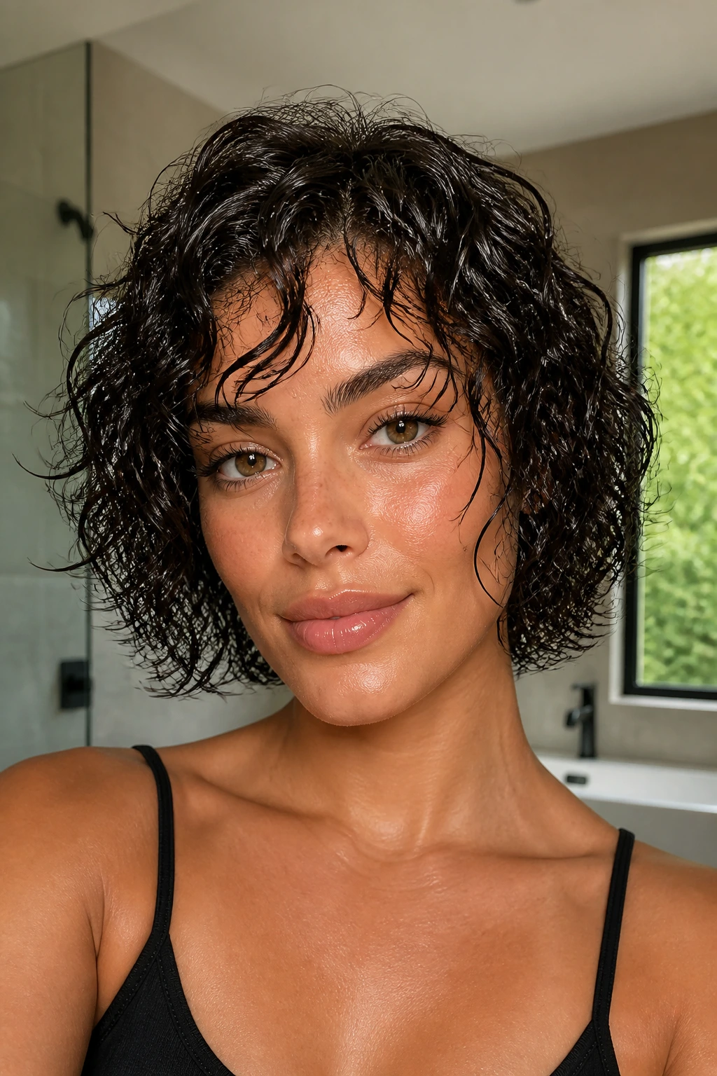 Close-up portrait of a real woman with a wet-look curly bob and glossy curls