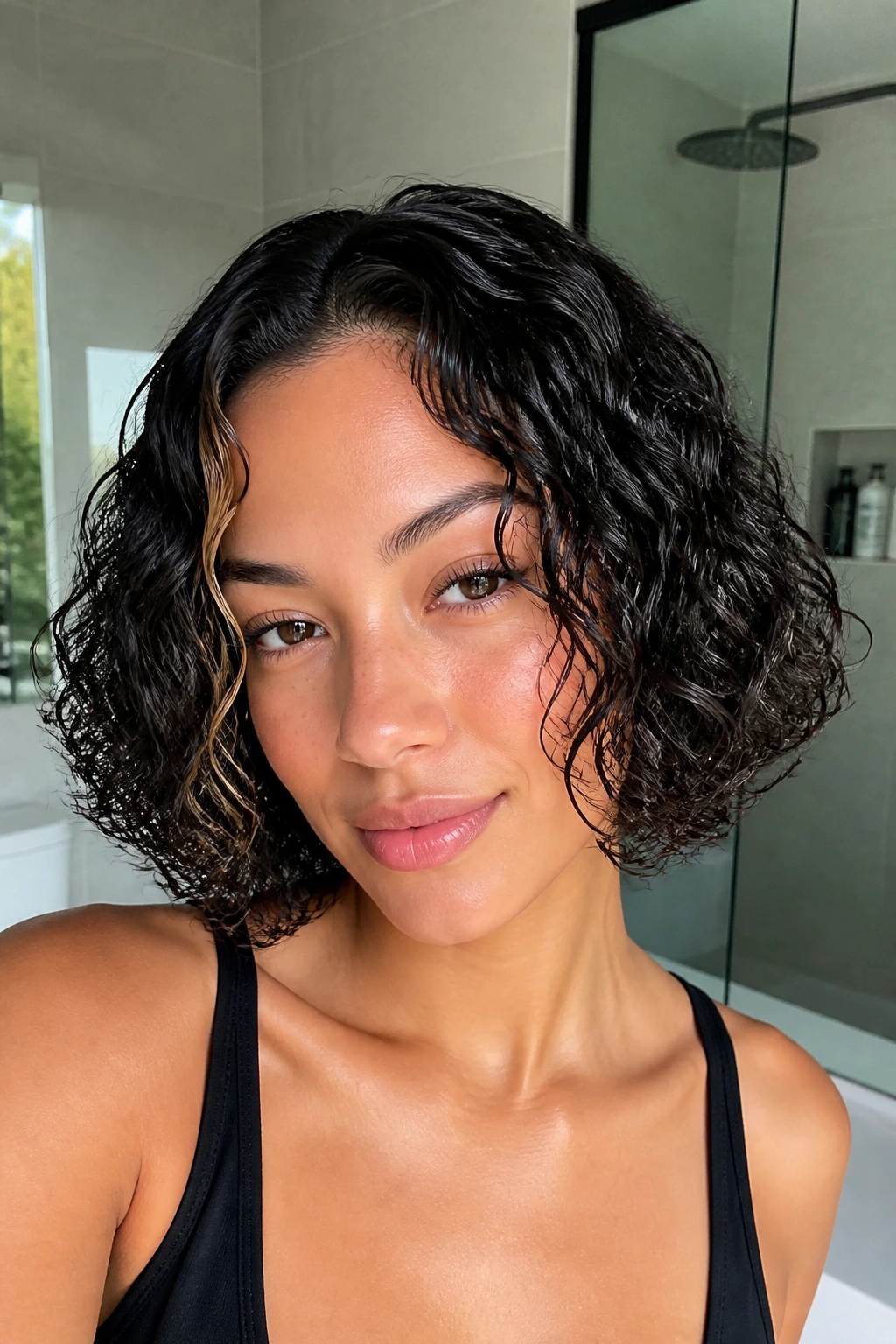 Close-up of a real woman with wet-look curly bob and glossy base.