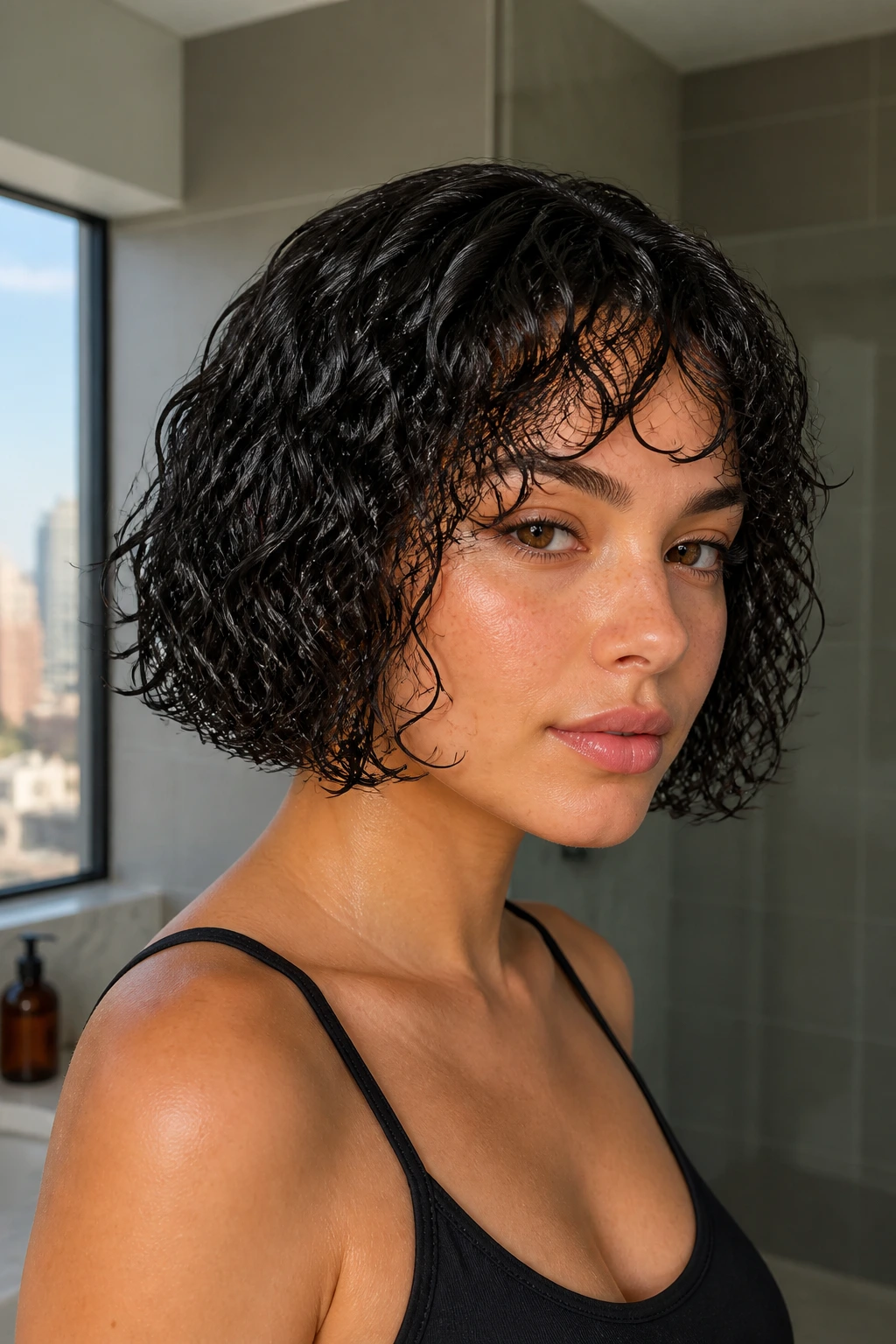 Close-up of a real woman with a wet-look jaw-length curly bob.