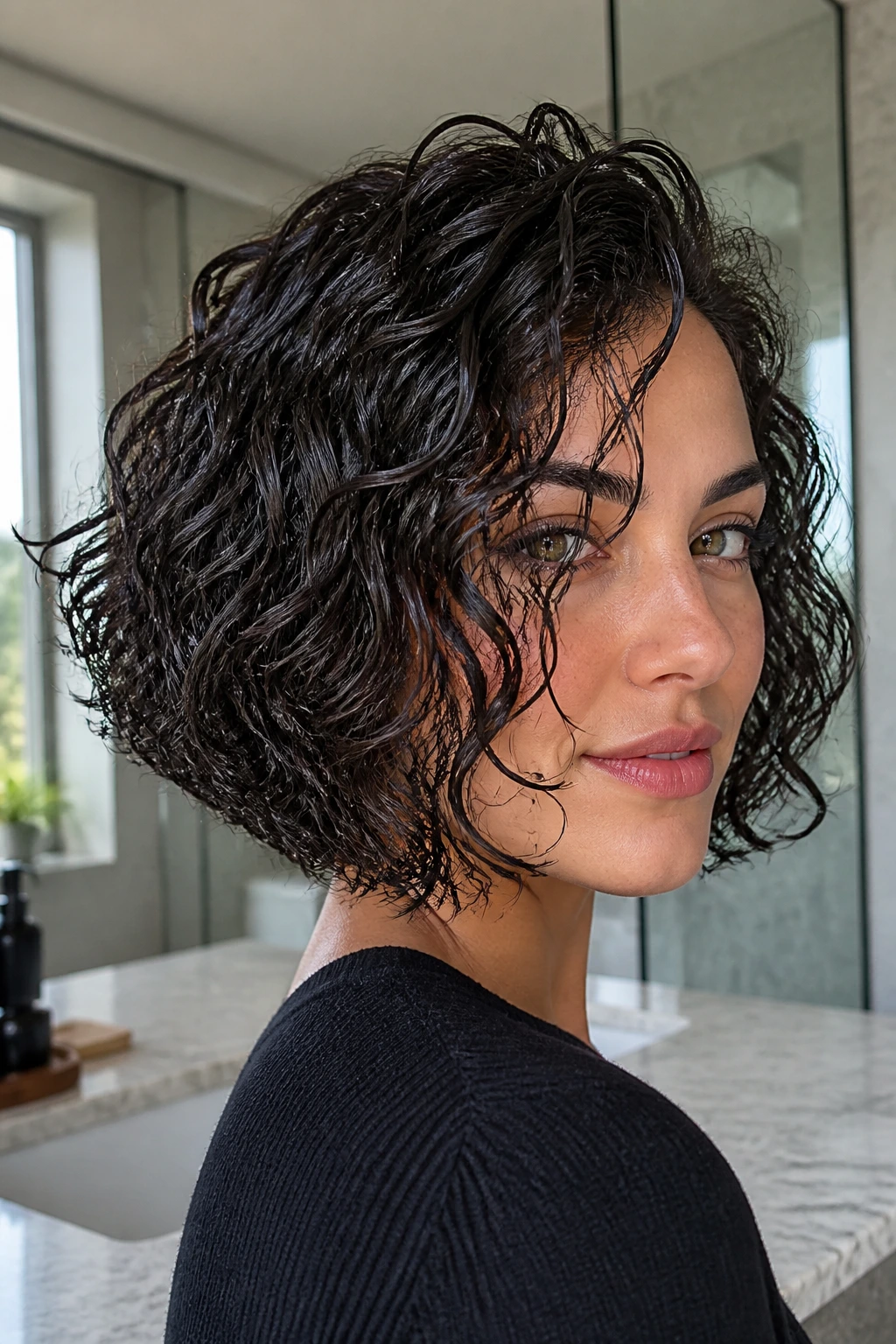 Close-up of a real woman with a wet-look curly inverted bob in a modern bathroom