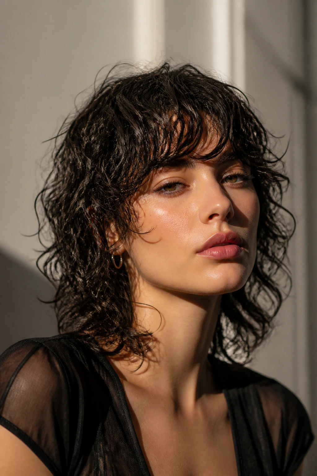 Close-up portrait of a real woman with wet-look curly shag