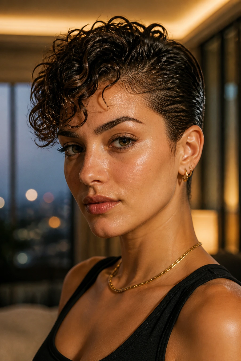 Close-up of a real woman with wet-look slicked sides and curly top