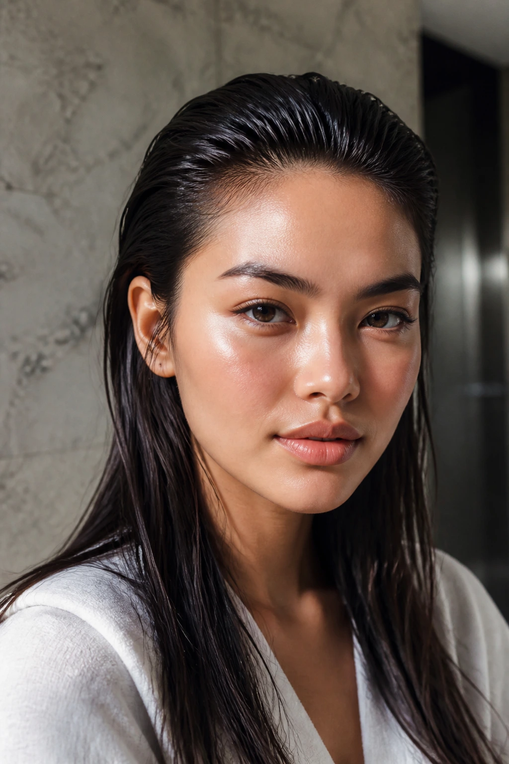 Close-up of a real person with a glossy wet-look comb-back hairstyle in a bright interior.