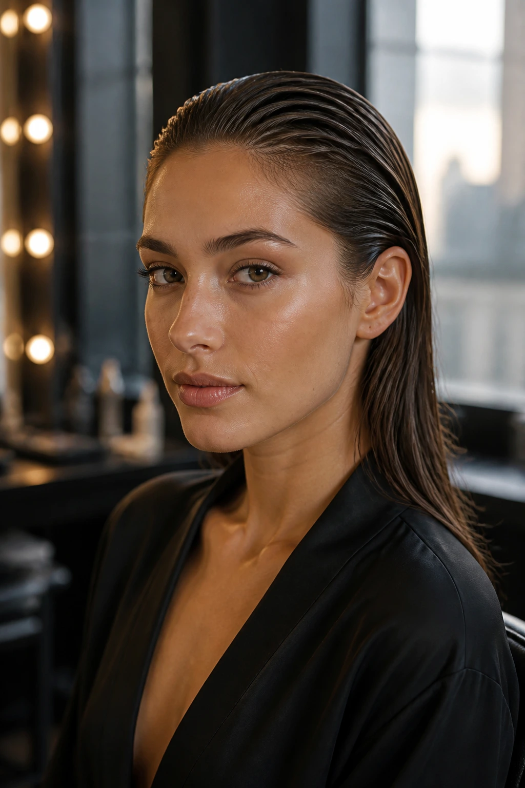 Close-up portrait of a real woman with a glossy wet-look hairstyle tucked behind both ears