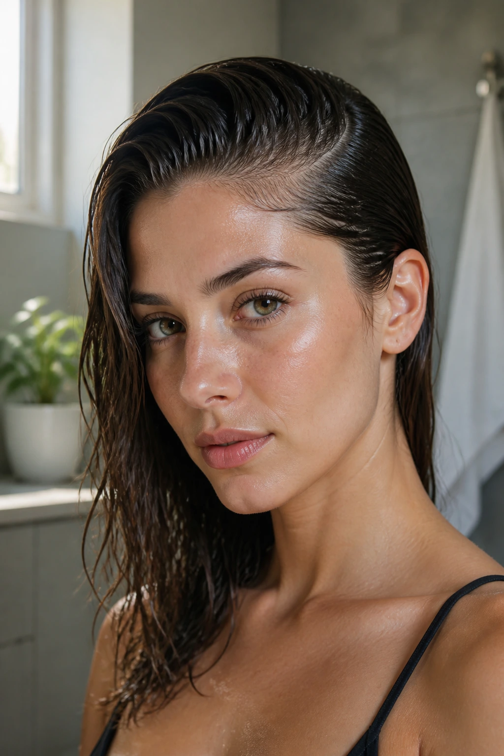 Close-up of wet-look side sweep on a real woman.