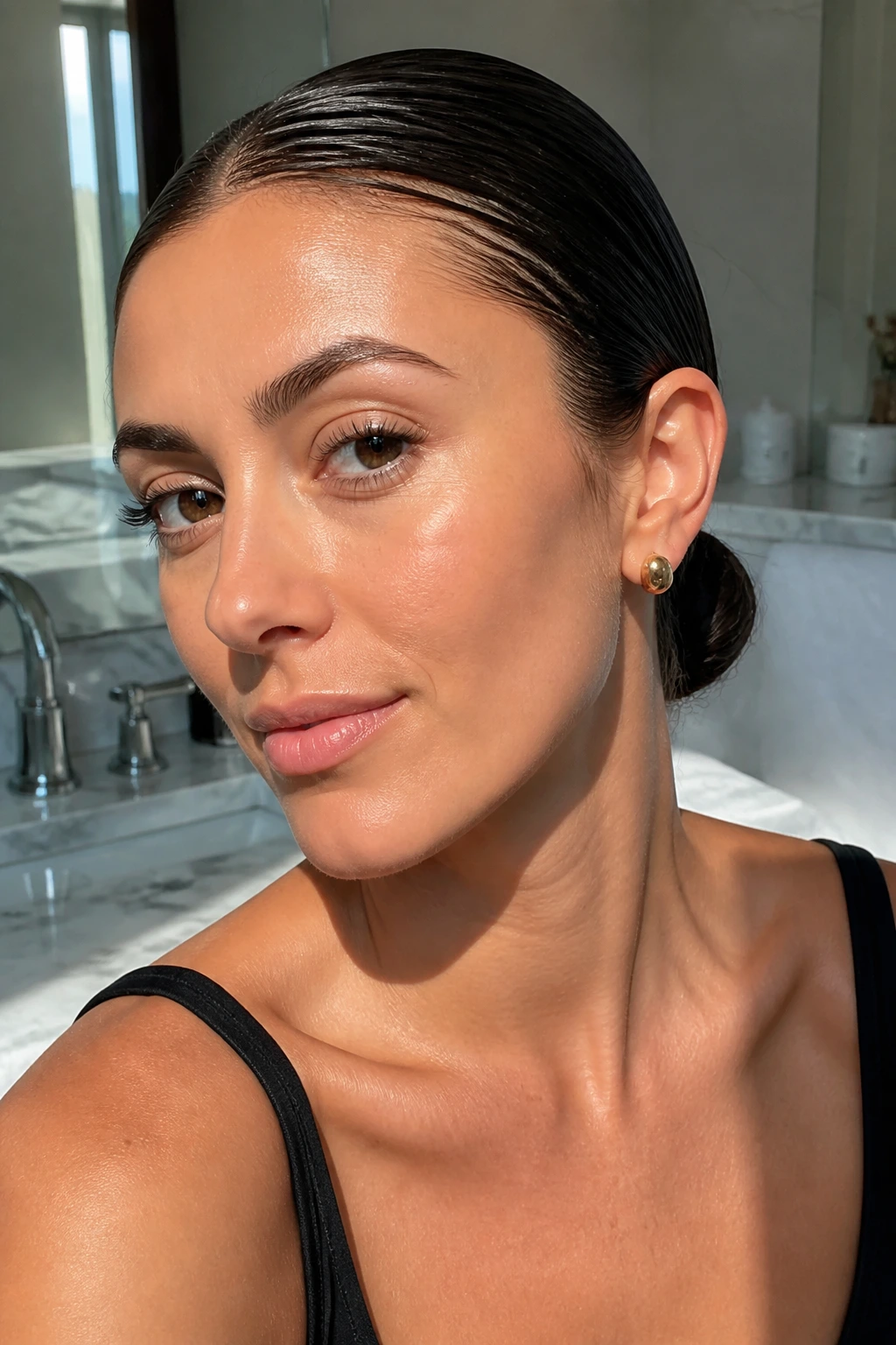 Real woman with wet-look low knot at the nape