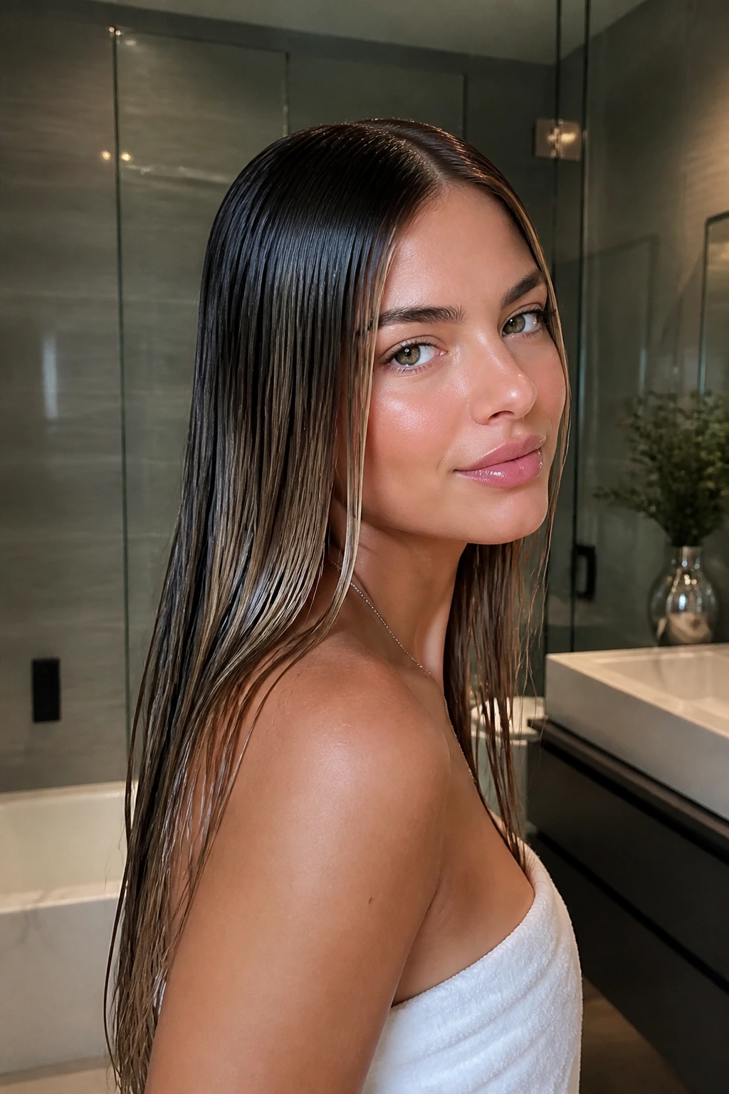 Close-up of a real woman with wet-look glossy hair and babylights.