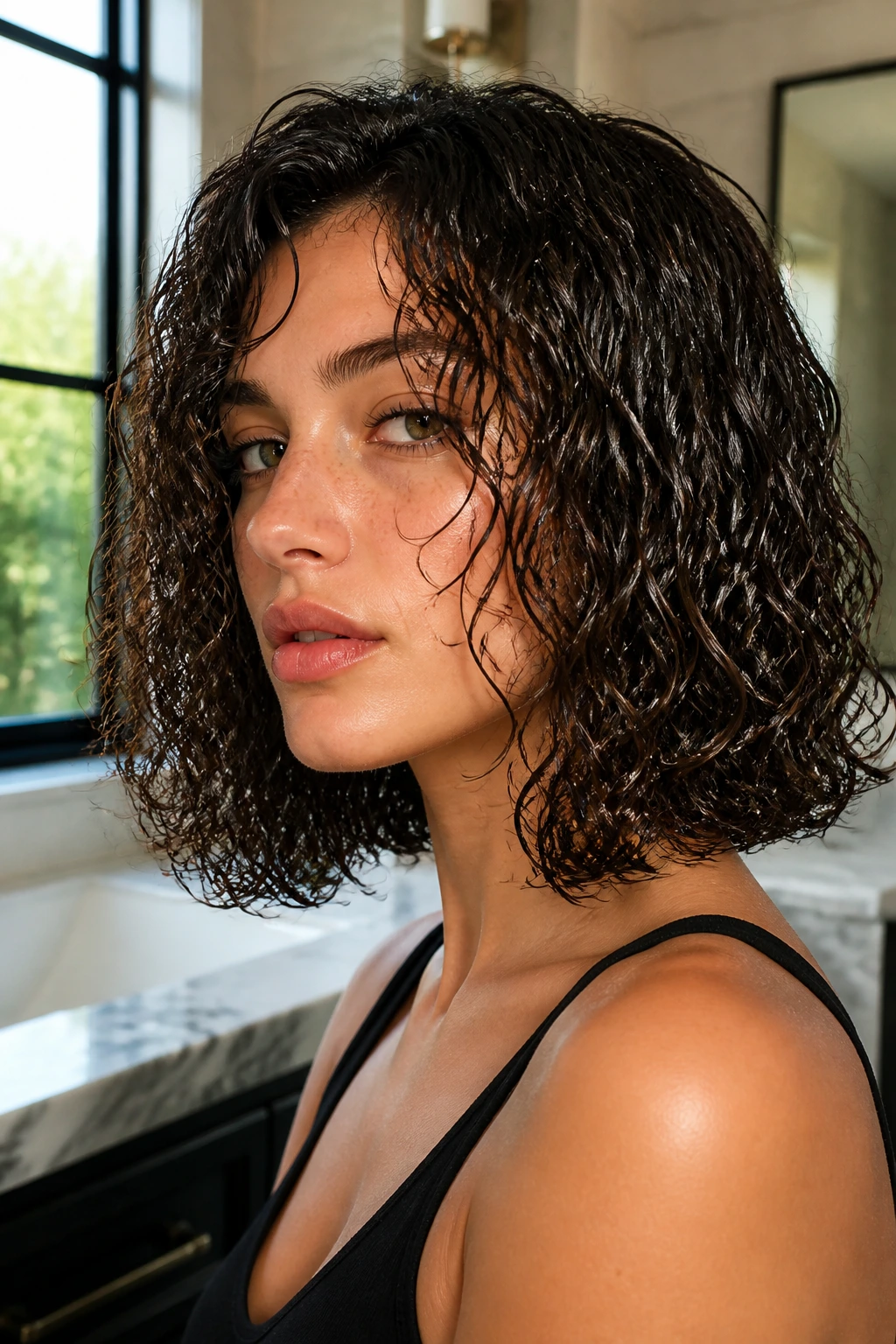 Close-up of a woman with a glossy wet-look long bob in a softly lit bathroom